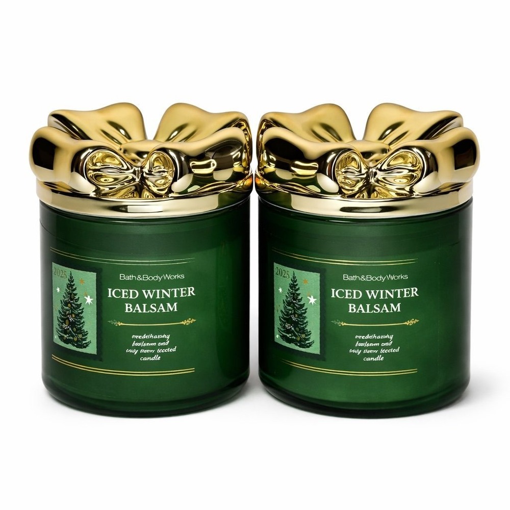 Bath & Body Works ICED WINTER BALSAM 3-Wick Candle Lot of 2 Limited BOW Lids NEW